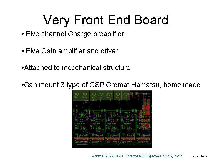 Very Front End Board • Five channel Charge preaplifier • Five Gain amplifier and