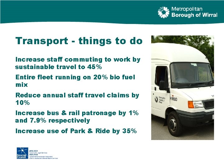 Transport - things to do Increase staff commuting to work by sustainable travel to