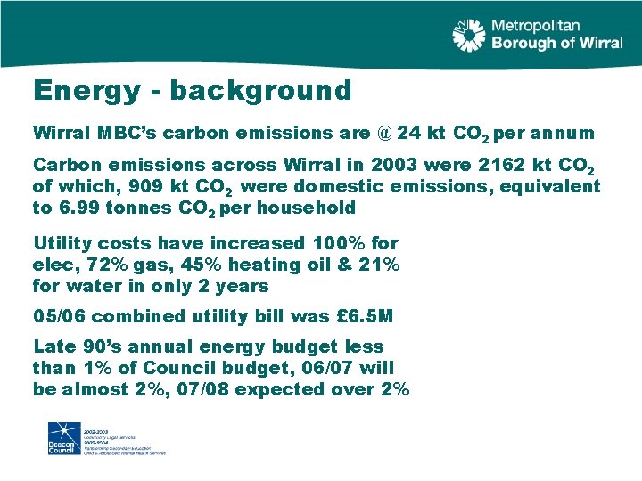 Energy - background Wirral MBC’s carbon emissions are @ 24 kt CO 2 per