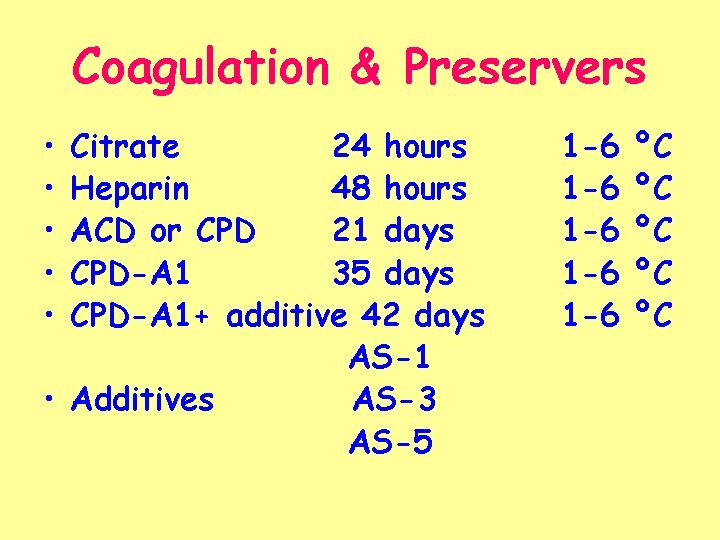 Coagulation & Preservers • • • Citrate 24 hours Heparin 48 hours ACD or