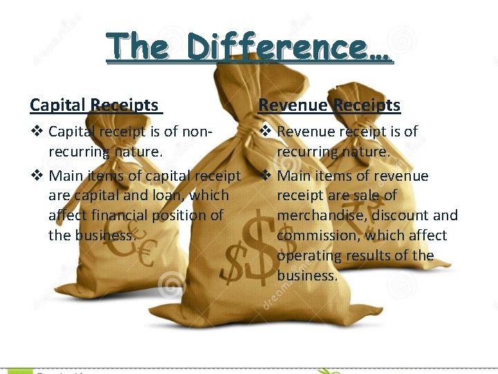 The Difference… Capital Receipts Revenue Receipts v Capital receipt is of nonv Revenue receipt The Difference… Capital Receipts Revenue Receipts v Capital receipt is of nonv Revenue receipt