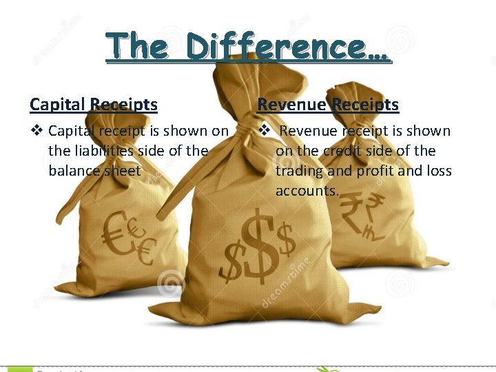 The Difference… Capital Receipts Revenue Receipts v Capital receipt is shown on the liabilities