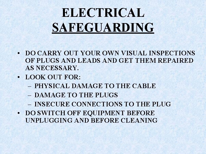 ELECTRICAL SAFEGUARDING • DO CARRY OUT YOUR OWN VISUAL INSPECTIONS OF PLUGS AND LEADS