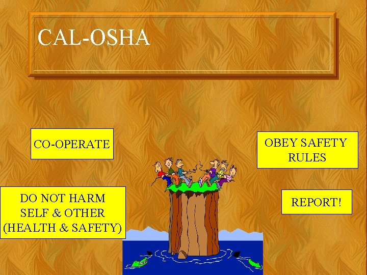 CAL-OSHA CO-OPERATE DO NOT HARM SELF & OTHER (HEALTH & SAFETY) OBEY SAFETY RULES
