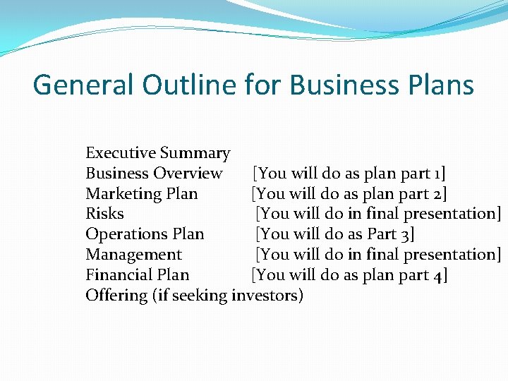 General Outline for Business Plans Executive Summary Business Overview [You will do as plan