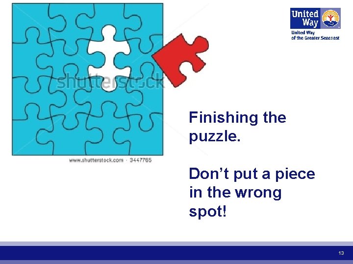 Finishing the puzzle. Don’t put a piece in the wrong spot! 13 