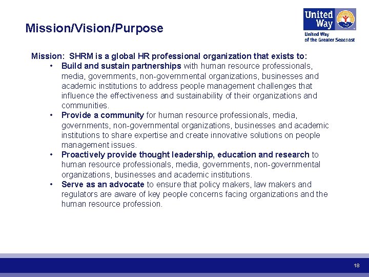 Mission/Vision/Purpose Mission: SHRM is a global HR professional organization that exists to: • Build