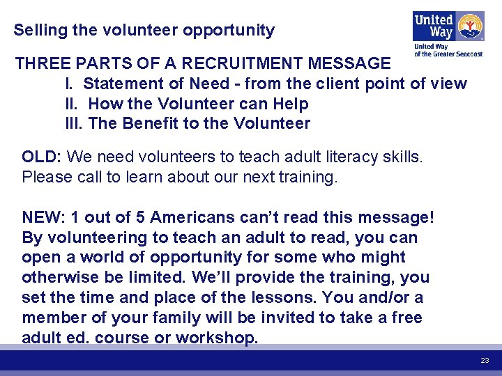 Selling the volunteer opportunity THREE PARTS OF A RECRUITMENT MESSAGE I. Statement of Need