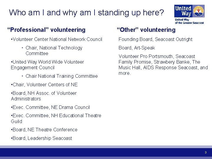 Who am I and why am I standing up here? “Professional” volunteering • Volunteer