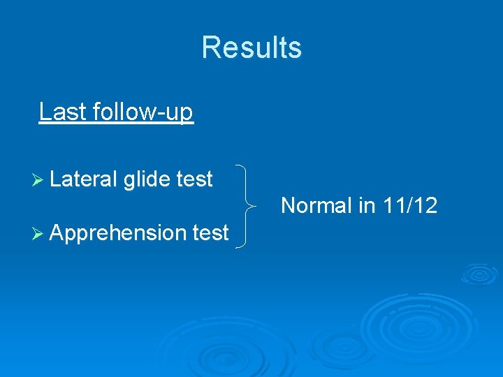 Results Last follow-up Ø Lateral glide test Normal in 11/12 Ø Apprehension test 