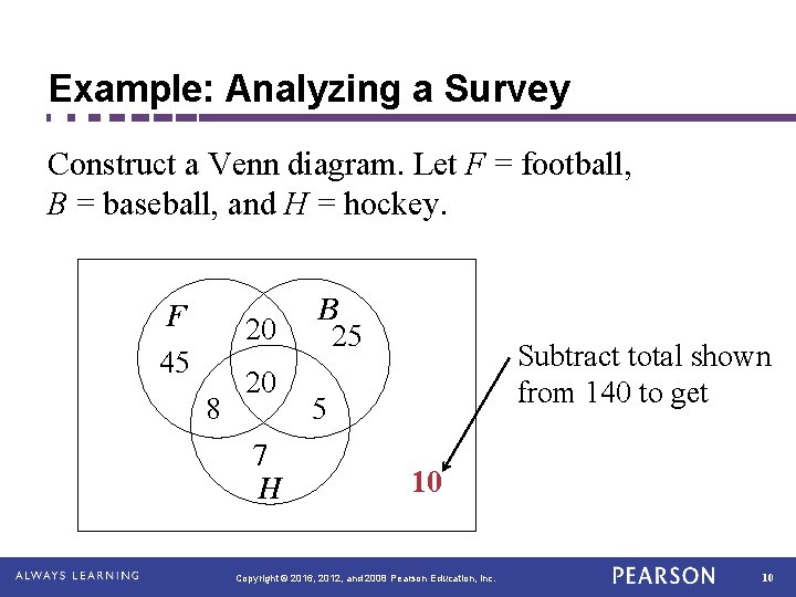 Example: Analyzing a Survey Construct a Venn diagram. Let F = football, B =