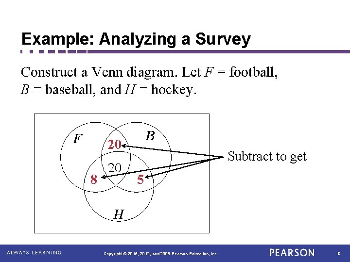 Example: Analyzing a Survey Construct a Venn diagram. Let F = football, B =