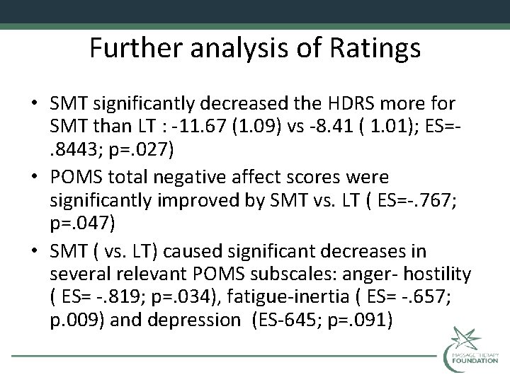 Further analysis of Ratings • SMT significantly decreased the HDRS more for SMT than