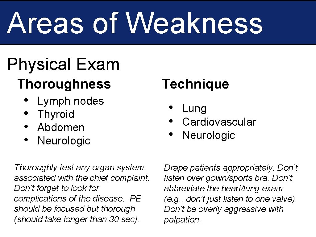 Areas of Weakness Physical Exam Thoroughness • Lymph nodes • Thyroid • Abdomen •