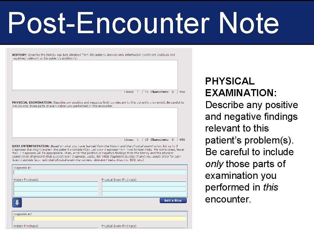 Post-Encounter Note PHYSICAL EXAMINATION: Describe any positive and negative findings relevant to this patient’s