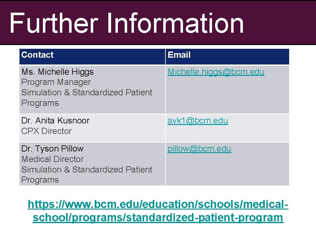 Further Information Contact Email Ms. Michelle Higgs Program Manager Simulation & Standardized Patient Programs