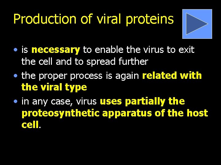 Production of viral proteins • is necessary to enable the virus to exit the