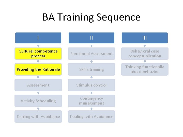 BA Training Sequence I II III Cultural competence process Functional Assessment Behavioral case conceptualization