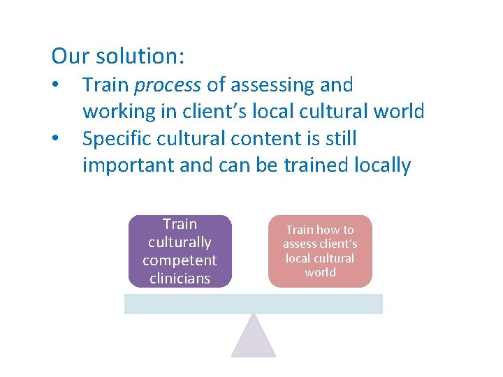 Our solution: • • Train process of assessing and working in client’s local cultural