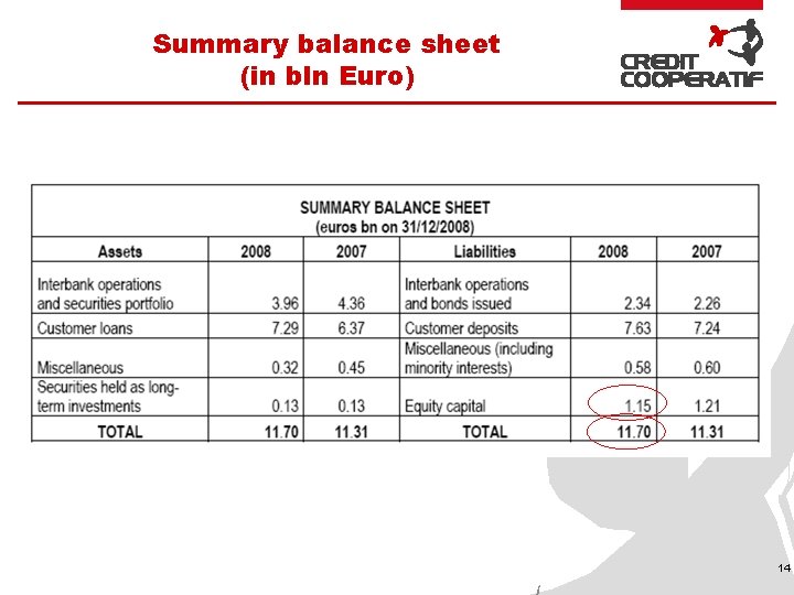 Summary balance sheet (in bln Euro) 14 