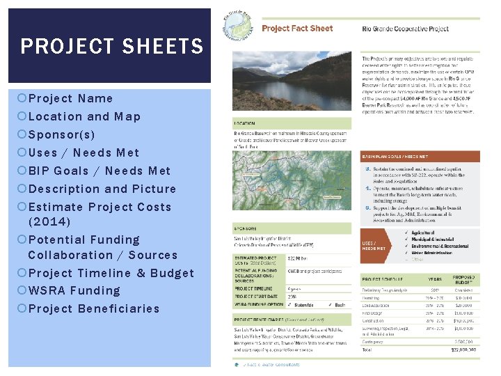 PROJECT SHEETS Project Name Location and Map Sponsor(s) Uses / Needs Met BIP Goals