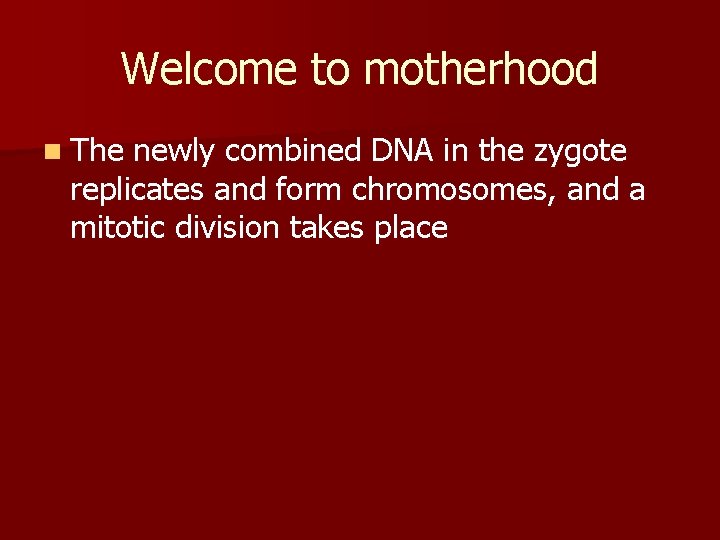 Welcome to motherhood n The newly combined DNA in the zygote replicates and form