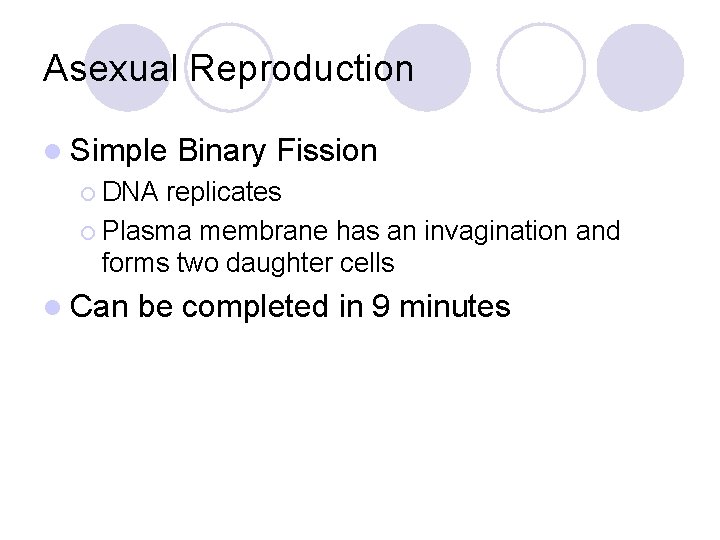 Asexual Reproduction l Simple Binary Fission ¡ DNA replicates ¡ Plasma membrane has an