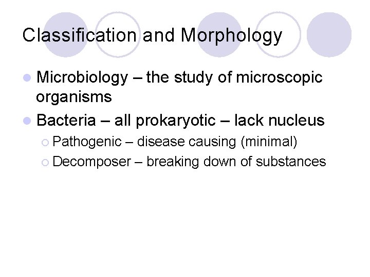 Classification and Morphology l Microbiology – the study of microscopic organisms l Bacteria –