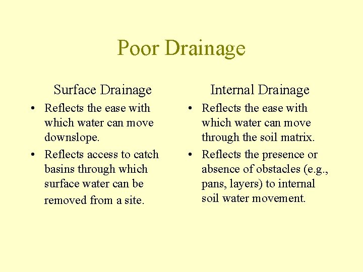 Poor Drainage Surface Drainage • Reflects the ease with which water can move downslope.