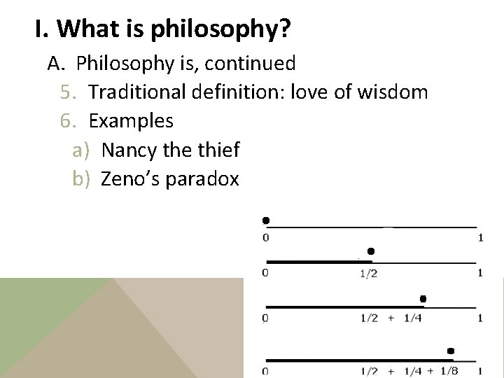 I. What is philosophy? A. Philosophy is, continued 5. Traditional definition: love of wisdom