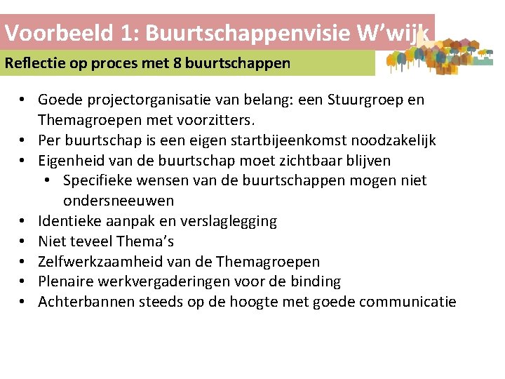 Voorbeeld 1: Buurtschappenvisie W’wijk Reflectie op proces met 8 buurtschappen • Goede projectorganisatie van