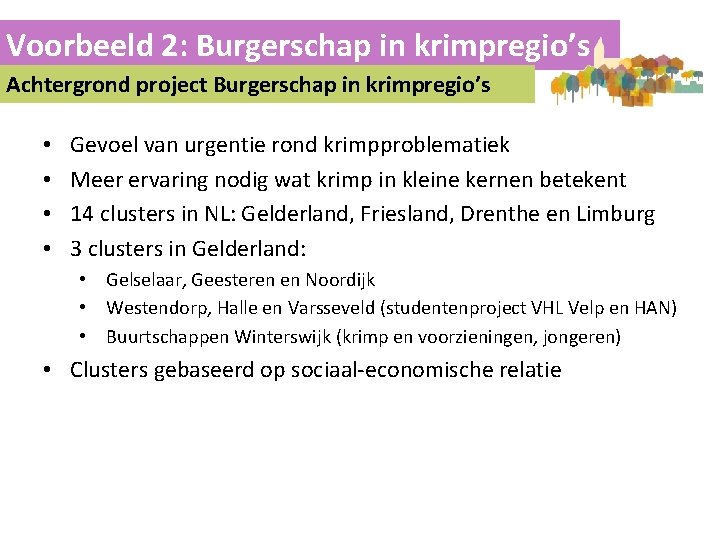 Voorbeeld 2: Burgerschap in krimpregio’s Achtergrond project Burgerschap in krimpregio’s • • Gevoel van