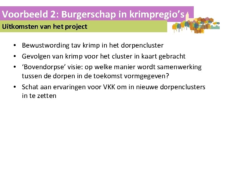 Voorbeeld 2: Burgerschap in krimpregio’s Uitkomsten van het project • Bewustwording tav krimp in