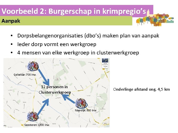 Voorbeeld 2: Burgerschap in krimpregio’s Aanpak • Dorpsbelangenorganisaties (dbo’s) maken plan van aanpak •