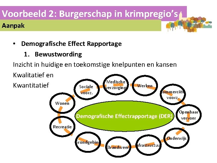 Voorbeeld 2: Burgerschap in krimpregio’s Aanpak • Demografische Effect Rapportage 1. Bewustwording Inzicht in