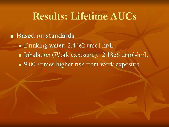 Results: Lifetime AUCs n Based on standards n n n Drinking water: 2. 44