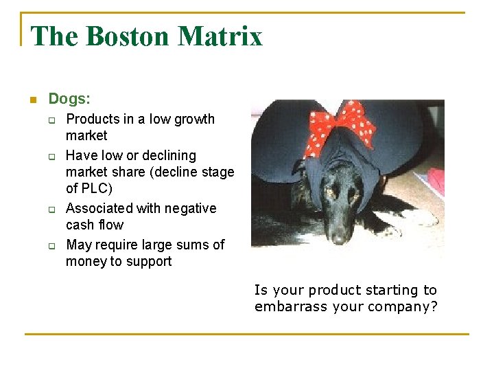 The Boston Matrix n Dogs: q q Products in a low growth market Have