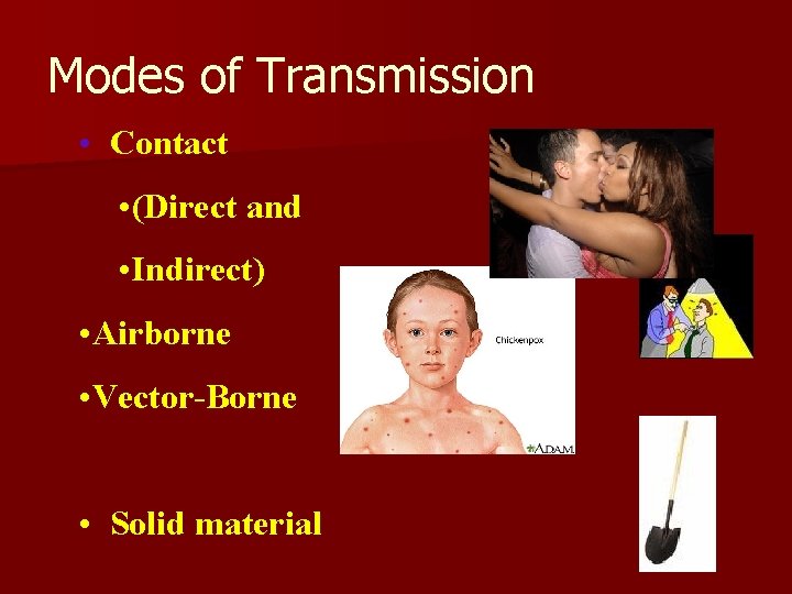 Modes of Transmission • Contact • (Direct and • Indirect) • Airborne • Vector-Borne