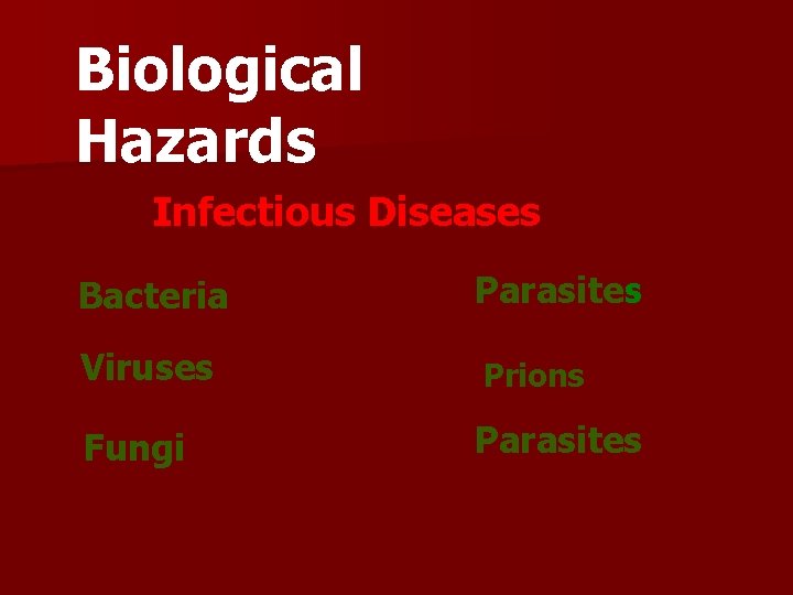 Biological Hazards Infectious Diseases Bacteria Parasites Viruses Prions Fungi Parasites 