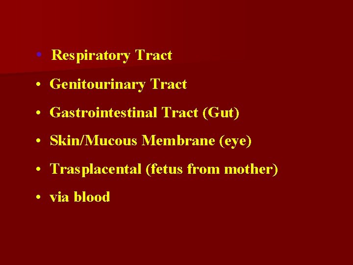  • Respiratory Tract • Genitourinary Tract • Gastrointestinal Tract (Gut) • Skin/Mucous Membrane