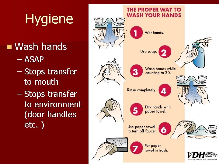 Hygiene n Wash hands – ASAP – Stops transfer to mouth – Stops transfer