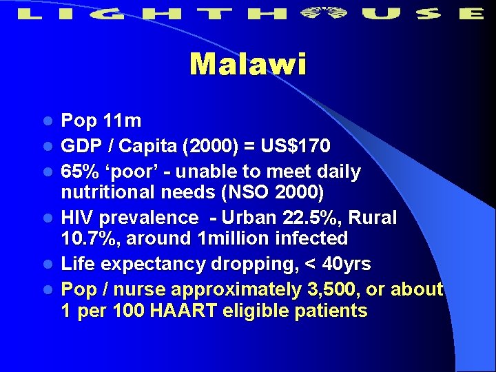 Malawi l l l Pop 11 m GDP / Capita (2000) = US$170 65%