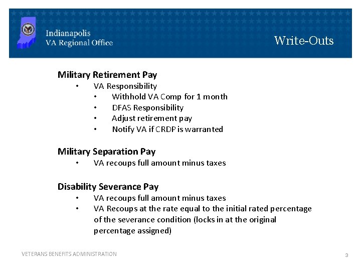 Write-Outs Military Retirement Pay • VA Responsibility • Withhold VA Comp for 1 month