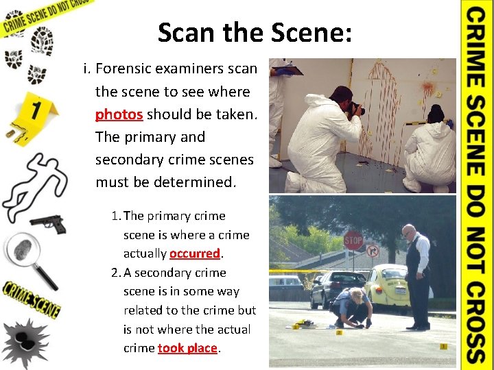 Scan the Scene: i. Forensic examiners scan the scene to see where photos should