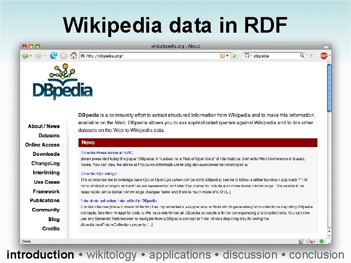 Wikipedia data in RDF introduction wikitology applications discussion conclusion 