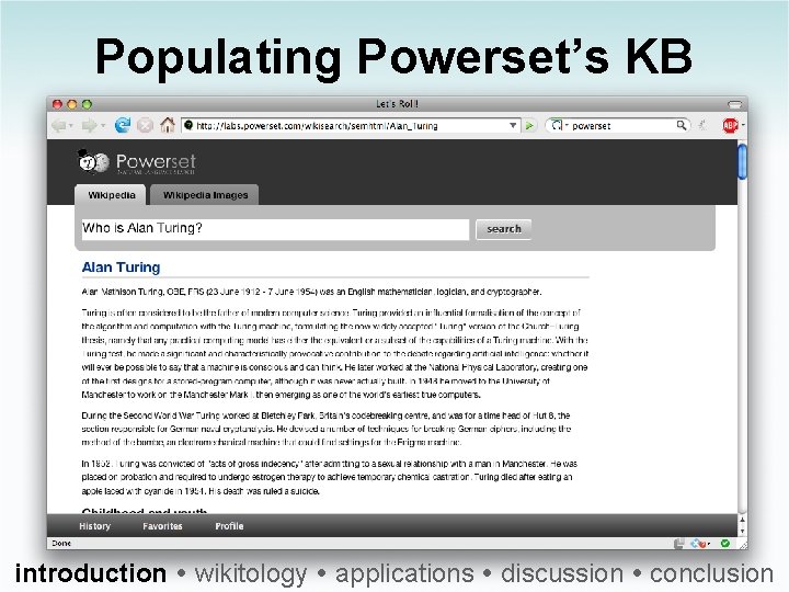 Populating Powerset’s KB introduction wikitology applications discussion conclusion 
