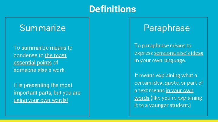 Definitions Summarize To summarize means to condense to the most essential points of someone