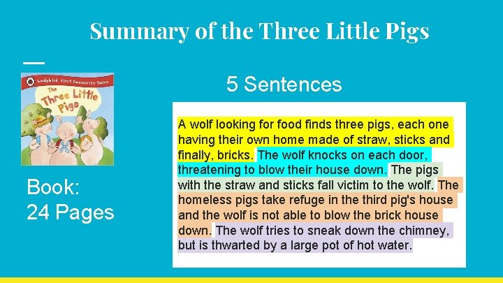 Summary of the Three Little Pigs 5 Sentences Book: 24 Pages A wolf looking