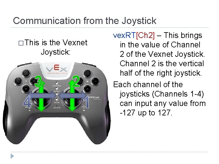 Communication from the Joystick � This is the Vexnet Joystick: 3 2 vex. RT[Ch Communication from the Joystick � This is the Vexnet Joystick: 3 2 vex. RT[Ch