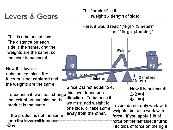 The “product” is this: (weight) x (length of side) Levers & Gears Here, it The “product” is this: (weight) x (length of side) Levers & Gears Here, it